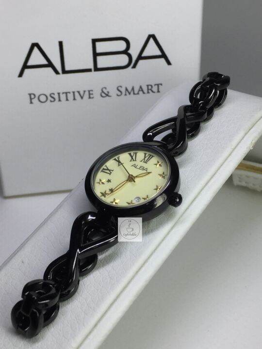 นาฬิกาข้อมือผู้หญิง-alba-รุ่น-ah7a47x1-สายสร้อยและตัวเรือนสแตนเลสสีดำ-หน้าปัทม์สีครีม-ของแท้-100-cafenalika