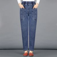 Large Size Womens Jeans Casual Midi Waist Blue Denim Pants