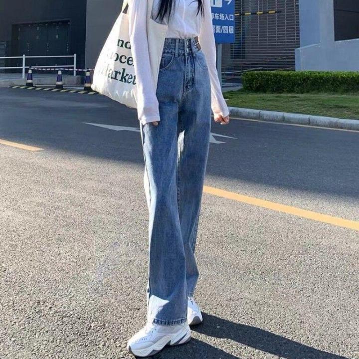 กางเกงยีนส์ผู้หญิงเอวสูงขาตรงทรงหลวมกางเกงลำลอง-2023-ฤดูร้อนนักเรียนกางเกงยีนส์แฟชั่นเกาหลีกางเกงยีนส์ใหม่