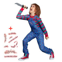 Chucky ชุดฮาโลวีนสำหรับเด็กผู้หญิงเล่นรวมถึง Jumpsuit น่ากลัวฮาโลวีนสยองขวัญคอสเพลย์แถมสติกเกอร์แผลเป็น