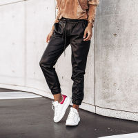 2021Women Simple Solid Lace-Up Elastic Waist Trousers Spring Autumn Skinny Leather Pants Casual Pencil Pants Streetwear Dropshipping