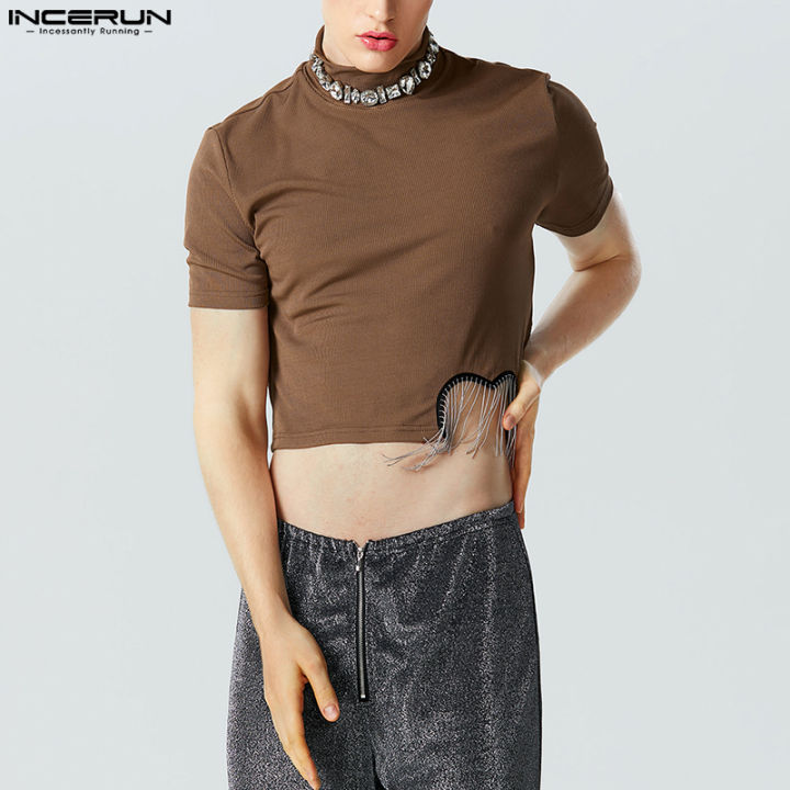 incerun-เสื้อครอปถักแบบผู้ชายแขนสั้นครึ่งคอสูงเสื้อยืดหัวใจประดับพู่แวววาว-สไตล์ตะวันตก