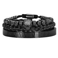 3pcsSet Handmade Men celet Micro Pave CZ Skeleton Skull Roman Numeral Rope Buckle Open Stainless Steel Bangles