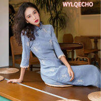 สีฟ้า2023ฤดูร้อนจีนแห่งชาติลูกไม้ Cheongsam วินเทจหนังนิ่มผู้หญิงยาวชุด Qipao แฟชั่นหญิงชุด S เพื่อ2XL