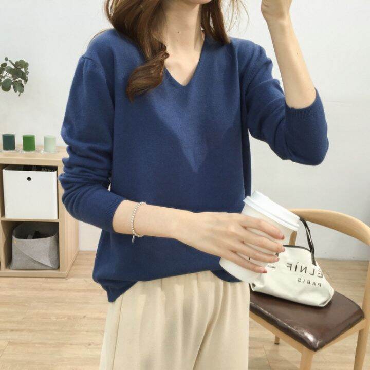 spot-loose-slimming-v-neckline-solid-color-sweater-womens-soft-glutinous-comfortable-long-sleeve-base-shirt-all-matching-top-2023