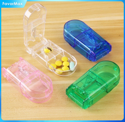 FavorMax เครื่องตัดหรือแท็บเล็ตยาเม็ดวงกลมโปร่งใสกล่องเก็บของสี่เหลี่ยมยาเม็ดที่สะดวกพร้อมที่เก็บยา