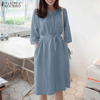 Moโมนาโก ZANZEA Muslimah ผู้หญิงมุสลิม3/4แขนเสื้อจีบ Collarless Summer Cargo Kaftan ชุดเดรสแม็กซี่ Plus คอลเลคชั่นโค่