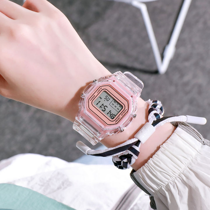 พร้อมส่ง-นาฬิกาดิจิตอล-นาฬิกาข้อมือแฟชั่น-ไฟ-led-ราคาถูก-นาฬิกาข้อมือผู้หญิง-สายใสสไตล์มินิมอล