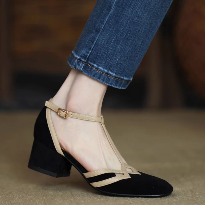 รองเท้ารัดส้นเป็นหลุมลงไปรองเท้าผู้หญิงส้นหนาสีรองเท้าส้นสูงโรมัน35-40
