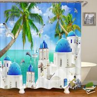 3D Seaview Beach Bath Curtain ม่านตกแต่งบ้านผ้าม่านกันน้ำม่านอาบน้ำพร้อมตะขอ 180x180 ซม 180*180cm