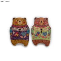 30pcs Bear Cartoon Retro Printing Wooden Button Handwork Sewing Scrapbooking Clothing Craft Cardmarking DIY  36x25mm Haberdashery