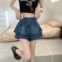 【hot】 Gidyq Ruffled Denim Shorts Female Loose Hakama Korean All Match Waist