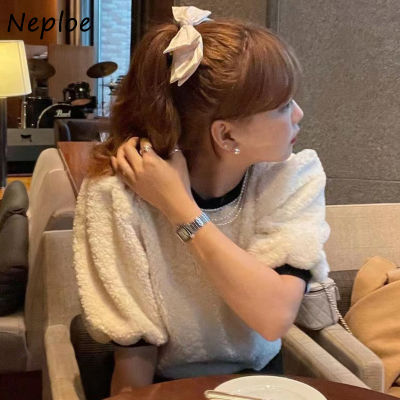 Neploe O-Neck Puff Sleeve Loose Tops Woman Soft Thick Short Sleeve Sweatshirt Pullovers Female Fall Clothes for Women 2022