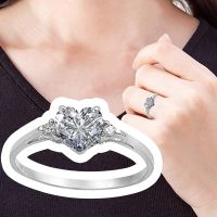 แหวนหมั้นเพชรรูปหัวใจเงินสเตอร์ลิงพร้อมแหวนเจ้าสาวสัญญาฮาวทูขนาดนิ้วของคุณสำหรับแหวน