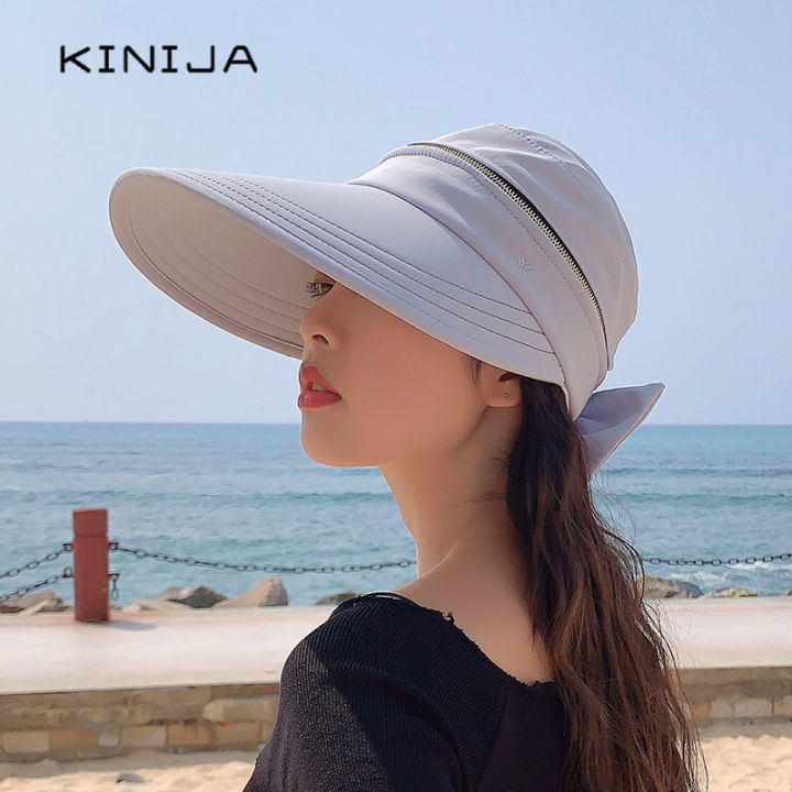 summer-women-foldable-sunglasses-empty-top-sun-hat-beach-fishing-sunscreen-ponytail-uv-protection-caps-solid-visor-baseball-cap