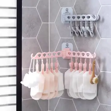 Hangers Plastic Clothes Drying Racks Multi-clip Free Punching Wall Hanging  Folding Balcony Bathroom Drying Underwear Socks Rack Clothes Hanger with 24