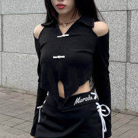 Gothic เปิดไหล่สไตล์จีนเสื้อ Grunge Turn-Down Collar ผู้หญิง Crop Tops Y2k แฟชั่นแขนยาวเสื้อยืด