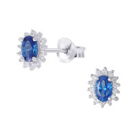 Silver thai Blue CZ stud earrings silver oval shape  เครื่องประดับเงินแท้ ต่างหูcz สีฟ้าต่างหูเงินแท้ 92 .5%