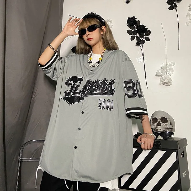 HOUZHOU Baseball Shirt Women Men Harajuku Hippe Vintage Oversized Hip Hop  Streetwear Korean Style Short Sleeve Button Up Blouse