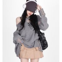 【HOT】◄๑♣ Gray Knitted Shoulder Top Thin Loose Hollow Out Sweater Streetwear Shirts Kawaii