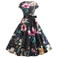 ผู้หญิงฤดูร้อนชุด Robe 50S 60S Vintage Pin Up Swing Rockabilly ดอกไม้พิมพ์สีดำชุดลำลอง Beach Midi Vestidos