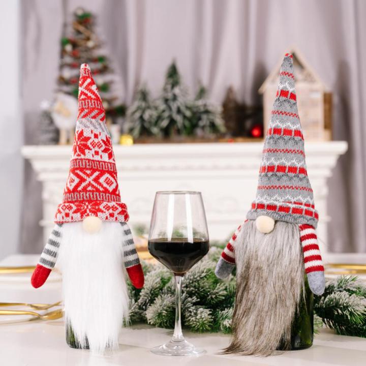 หมวกปักท็อปเปอร์สำหรับเทศกาลปลอกขวดไวน์ผีไร้หน้าคริสต์มาส-jpz3824ผ้าคลุมสีแชมเปญตุ๊กตาซานตาแบบสแกนดิเนเวียเครื่องมือบาร์ไวน์