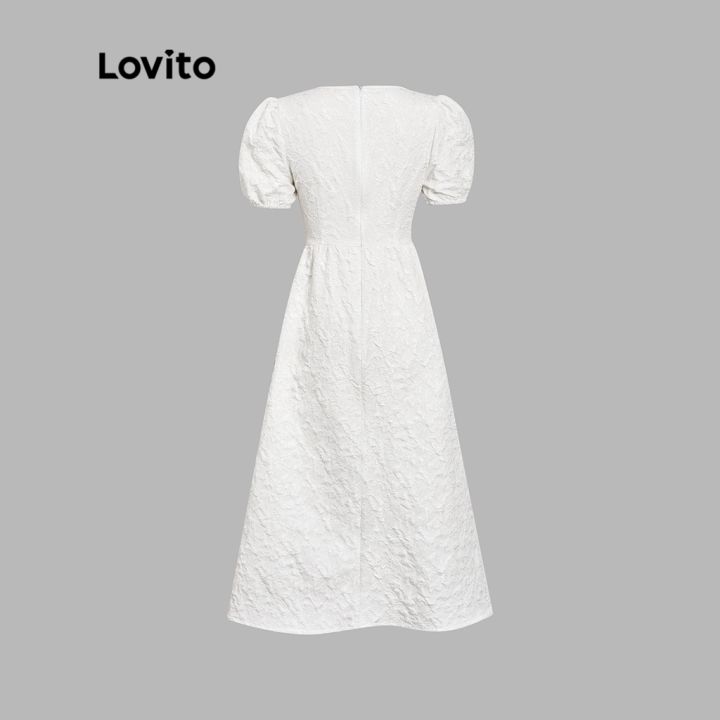 lovito-เดรสทรงเอ-แขนพอง-คอกลม-ลายดอกไม้-หรูหรา-สำหรับผู้หญิง-l45ld060-สีขาว
