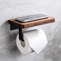 New Toilet Paper Holder with Natural Walnut Wooden Shelf Tissue Roll Hanger Wall Mounted Paper Towel Bar 304 Stainless Steel Toilet Roll Holders
