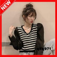 qkq971 Sweaters &amp; Cardigans For Women，Autumn New Style V-Neck Stripe Stitching Long-Sleeved T-Shirt WomenS Knit Sweater Is Thin And Short Top Dress WomenS Clothing