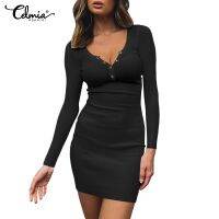 ㍿ CELMIA Women Long Sleeved Bodycon Sexy Party Knitted Short Dress