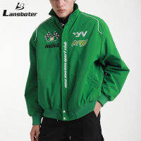 Lansboter แจ็กเก็ตมอเตอร์ไซค์ทรงหลวมแนวสตรีทสำหรับผู้ชายและผู้หญิง Jaket Baseball ตัวอักษรฮิปฮอป