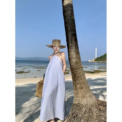 Seaside on coral chain hanging neck strap dress female design feeling stripe long skirts in summer