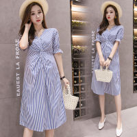 1698# 2022 Summer Thin Korean Fashion Maternity Dress Chic Ins Striped Cotton A Line Slim Clothes for Women Pregnancy