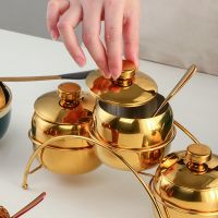 hotx【DT】 304 Gold Seasoning Condiment Pot Set Spice Pepper Jar with Lid and Holder Rack