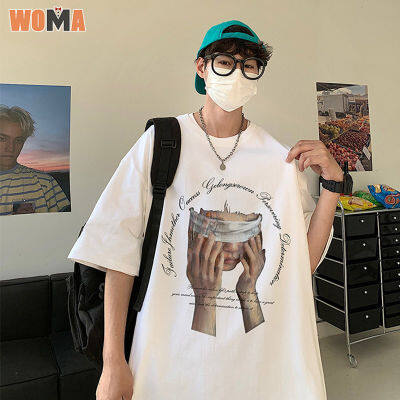 WOMA เสื้อยืดผู้ชายอเมริกาแบบย้อนยุคถนนสูงสีเข้มแขนสั้นฮิปฮอปฮิปฮอปเสื้อครึ่งแขนแบบหลวมเสื้อยืดคอกลม