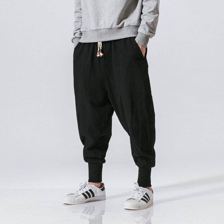 running-cotton-linen-harem-pants-men-solid-elastic-waist-streetwear-joggers-2022-new-baggy-drop-crotch-pants-casual-trousers-men