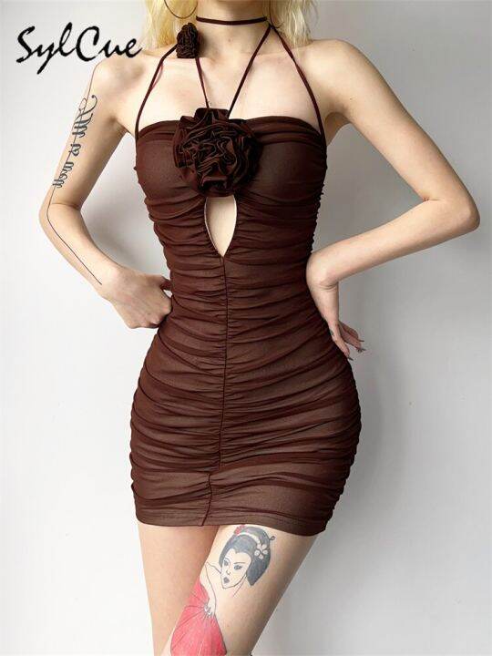 sylcue-black-mysterious-sexy-mature-party-intellectual-feminine-rose-decorative-folds-charming-tight-womens-tube-top-dress