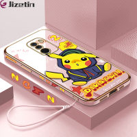 Jizetin Xiaomi MI ฟรีสายคล้อง F1 + การ์ตูน Pikachu น่ารักลายขอบสี่เหลี่ยมเคสโทรศัพท์ชุบหรูหราชุบเคสโทรศัพท์นิ่ม