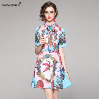 20212021 Summer Runway Short Sleeve Shirt Collar Sashes Retro Print Women Dress Fashion Designers Knee Length Casual Robe Vestidos