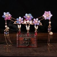 Chinese Hanfu Hair Crown  Purple Flower Beads Tassel Hair Pin 3pcs Set Haberdashery