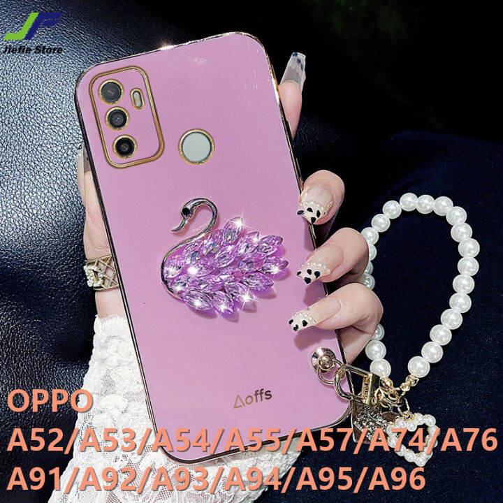 jiefie-คริสตัลหงส์โทรศัพท์สำหรับ-oppo-a52-a53-a54-a55-a57-a74-a76-a91-a92-a93-a94-a95-a96-chrome-luxury-soft-tpu-ฝาครอบโทรศัพท์-สร้อยข้อมือมุกแท้