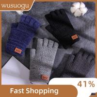 WUSUOGU สำนักงานเขียน ฤดูหนาวที่อบอุ่น หนา ถุงมือขับรถ ถุงมือครึ่งนิ้ว ถุงมือไร้นิ้ว ผ้าขนสัตว์อัลปาก้าถัก