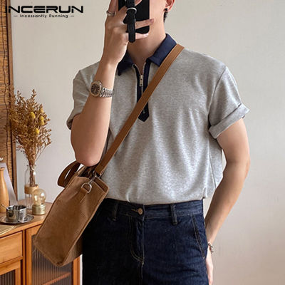 INCERUN เสื้อผู้ชายมีปกซิปเสื้อเชิ้ตแขนสั้นแบบทางการ,เสื้อสไตล์เฮนลี่ย์แบบลำลองเสื้อคอวี (สไตล์เกาหลี)