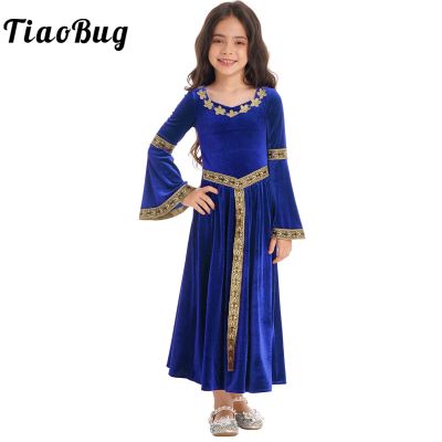 Kids Girls Long Sleeve Medieval Costume Velvet Flare Sleeve Long Dress Party Dress Up Clothes