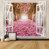 Tapestry Wall Background 3D Wonderful Landscape of Beautiful Window with Flowers Brick Bedroom Livingroom Tapestry Decoration Hanging Cloth