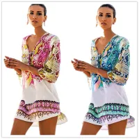 --D0512 Europe and the United States chiffon serpentine printing beach blouse sexy loose deep v-neck vacation is prevented bask in unlined upper garment bikini smock