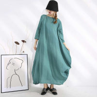 [EWQ] Asymmetric O Collar Dresses Vintage Loose Candy Color Three Quarter Sleeve Dress 2022 Spring Autumn loose Robe tide FB171