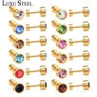 【พิเศษ】 LUXUSTEEL 12คู่/ล็อตขายส่งป้องกันโรคภูมิแพ้รอบที่มีสีสัน Cubic Z Irconia สกรู S Tud E Arrings ขนาด3มิลลิเมตร/6มิลลิเมตรเด็ก/เลดี้ต่างหู