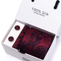 100% Silk Tie For Men Gift Box Festive Present Tie Hanky Pocket Squares Cufflink Set Formal Red Wedding Accessories Ties