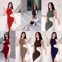 P8174 เดรสทูโทนเว้าเอว  Two-tone cut-out waist dress